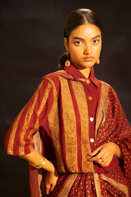 Banana Labs_Maroon Cotton Metallic Thread, Zari Collared, Striped Panel Top And Pant Set _at_Aza_Fashions