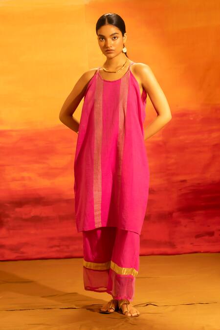 Banana Labs_Fuchsia Cotton Zari, Foil Printing Round Neck Striped Tunic Palazzo Set _Online_at_Aza_Fashions