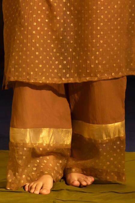 Banana Labs Brown Kota Doria, Cotton Round Neck Polka Dot Kurta Palazzo Set Online at Aza Fashions Banana Labs_Brown Kota Doria, Cotton Round Neck Polka Dot Kurta Palazzo Set _Online_at_Aza_Fashions