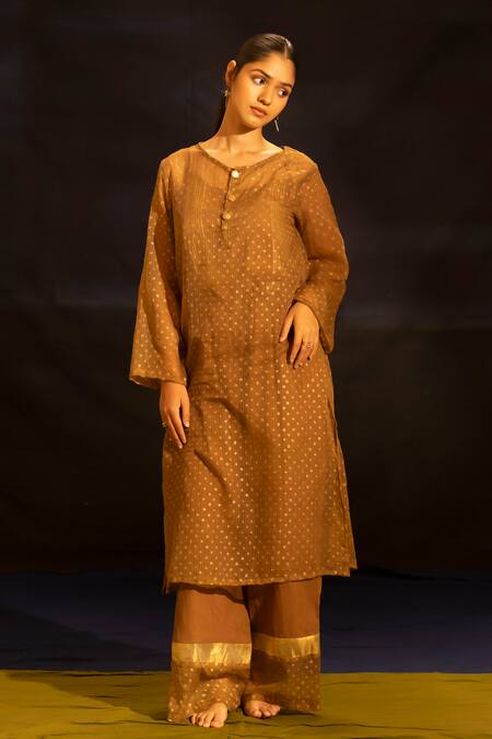 Buy Banana Labs Brown Kota Doria, Cotton Round Neck Polka Dot Kurta Palazzo Set Online at Aza Fashions Buy_Banana Labs_Brown Kota Doria, Cotton Round Neck Polka Dot Kurta Palazzo Set _Online_at_Aza_Fashions