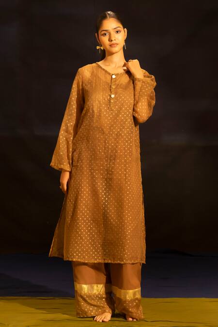 Shop Banana Labs Brown Kota Doria, Cotton Round Neck Polka Dot Kurta Palazzo Set Online at Aza Fashions Shop_Banana Labs_Brown Kota Doria, Cotton Round Neck Polka Dot Kurta Palazzo Set _Online_at_Aza_Fashions
