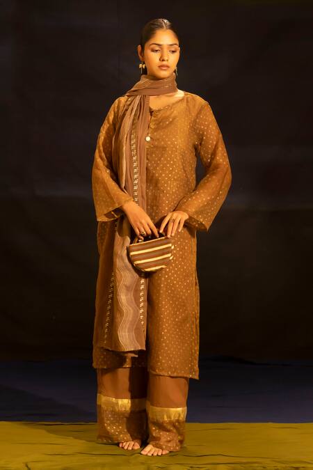 Banana Labs Brown Kota Doria, Cotton Round Neck Polka Dot Kurta Palazzo Set at Aza Fashions Banana Labs_Brown Kota Doria, Cotton Round Neck Polka Dot Kurta Palazzo Set _at_Aza_Fashions