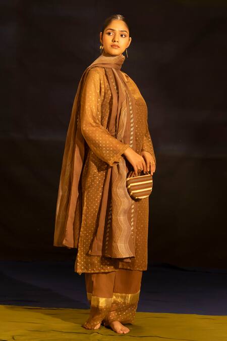 Buy Banana Labs Brown Kota Doria, Cotton Round Neck Polka Dot Kurta Palazzo Set Buy_Banana Labs_Brown Kota Doria, Cotton Round Neck Polka Dot Kurta Palazzo Set