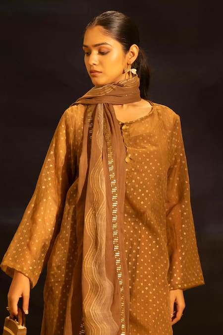 Shop Banana Labs Brown Kota Doria, Cotton Round Neck Polka Dot Kurta Palazzo Set Shop_Banana Labs_Brown Kota Doria, Cotton Round Neck Polka Dot Kurta Palazzo Set