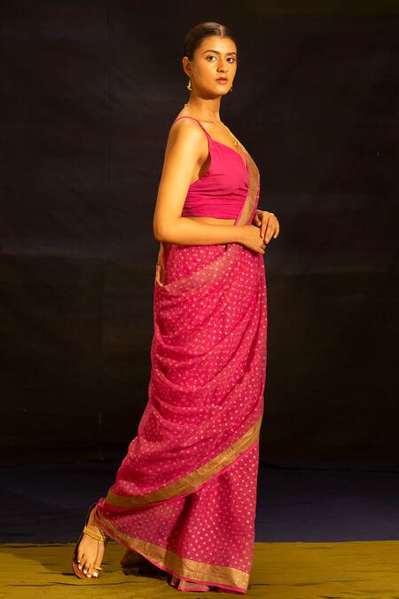Buy_Banana Labs_Pink Kota Doria Metallic Thread Woven Saree _Online_at_Aza_Fashions