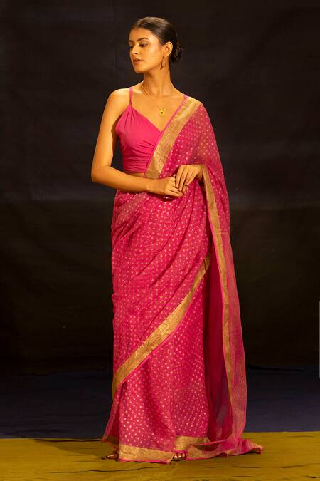 Banana Labs_Pink Kota Doria Metallic Thread Woven Saree _at_Aza_Fashions