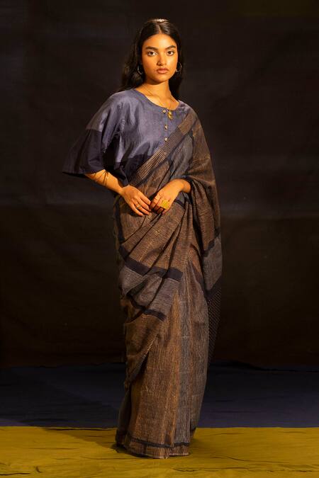 Banana Labs Navy Tussar, Kota Doria Square Neck Color Block Pattern Saree With Blouse Online at Aza Fashions Banana Labs_Navy Tussar, Kota Doria Square Neck Color Block Pattern Saree With Blouse _Online_at_Aza_Fashions