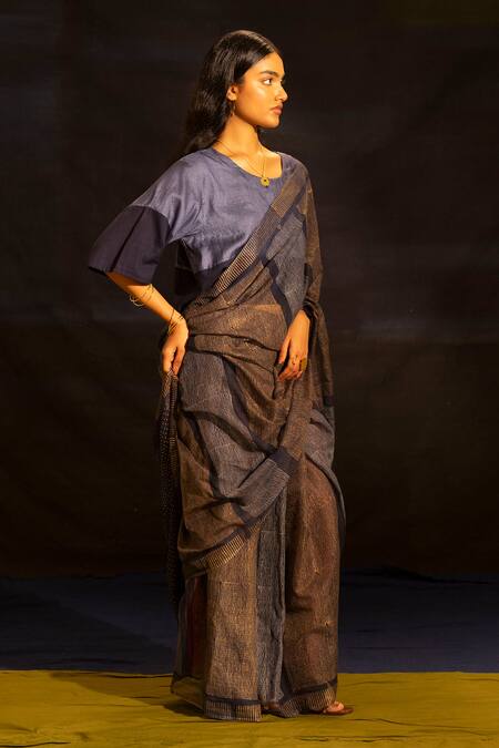 Buy Banana Labs Navy Tussar, Kota Doria Square Neck Color Block Pattern Saree With Blouse Online at Aza Fashions Buy_Banana Labs_Navy Tussar, Kota Doria Square Neck Color Block Pattern Saree With Blouse _Online_at_Aza_Fashions