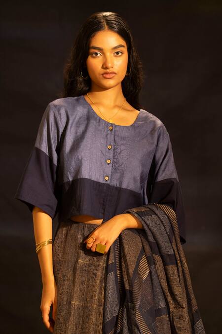 Shop Banana Labs Navy Tussar, Kota Doria Square Neck Color Block Pattern Saree With Blouse Online at Aza Fashions Shop_Banana Labs_Navy Tussar, Kota Doria Square Neck Color Block Pattern Saree With Blouse _Online_at_Aza_Fashions