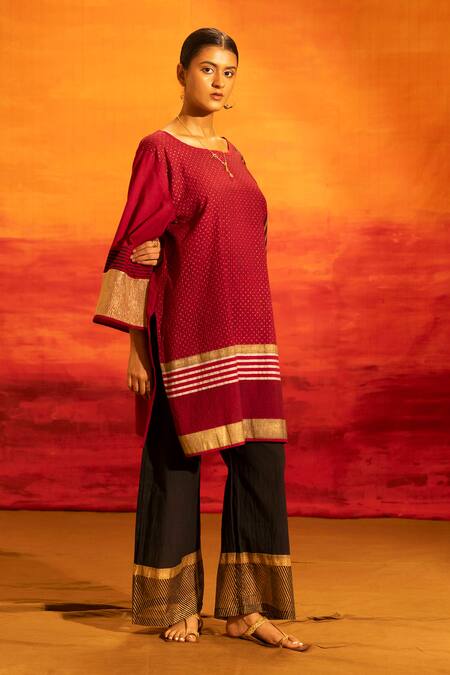 Banana Labs_Maroon Cotton, Kota Doria Zari, Tassels Boat Woven Stripe Kurta And Palazzo Set _Online_at_Aza_Fashions