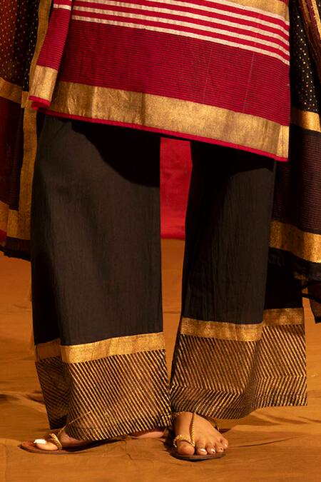 Buy_Banana Labs_Maroon Cotton, Kota Doria Zari, Tassels Boat Woven Stripe Kurta And Palazzo Set _Online_at_Aza_Fashions