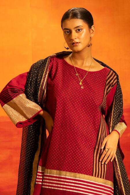 Shop_Banana Labs_Maroon Cotton, Kota Doria Zari, Tassels Boat Woven Stripe Kurta And Palazzo Set _Online_at_Aza_Fashions
