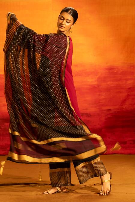 Banana Labs_Maroon Cotton, Kota Doria Zari, Tassels Boat Woven Stripe Kurta And Palazzo Set _at_Aza_Fashions