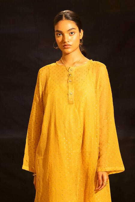 Banana Labs_Mustard Kota Doria, Cotton Fringe Mandarin Collar Kurta Palazzo Set _Online_at_Aza_Fashions