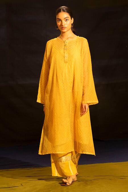 Buy_Banana Labs_Mustard Kota Doria, Cotton Fringe Mandarin Collar Kurta Palazzo Set _Online_at_Aza_Fashions