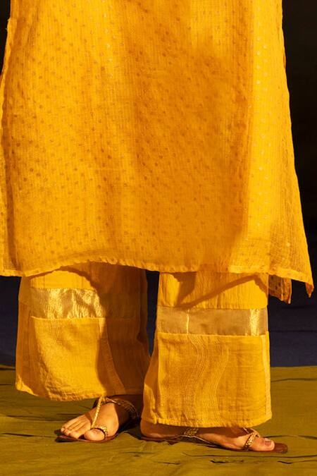 Shop_Banana Labs_Mustard Kota Doria, Cotton Fringe Mandarin Collar Kurta Palazzo Set _Online_at_Aza_Fashions