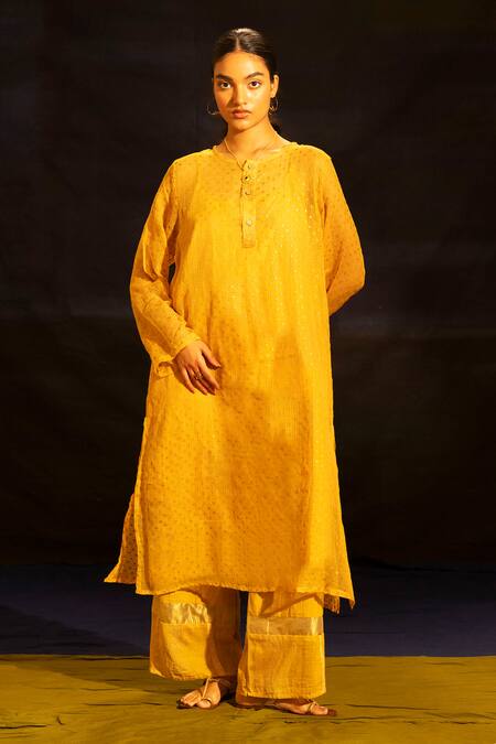 Banana Labs_Mustard Kota Doria, Cotton Fringe Mandarin Collar Kurta Palazzo Set _at_Aza_Fashions