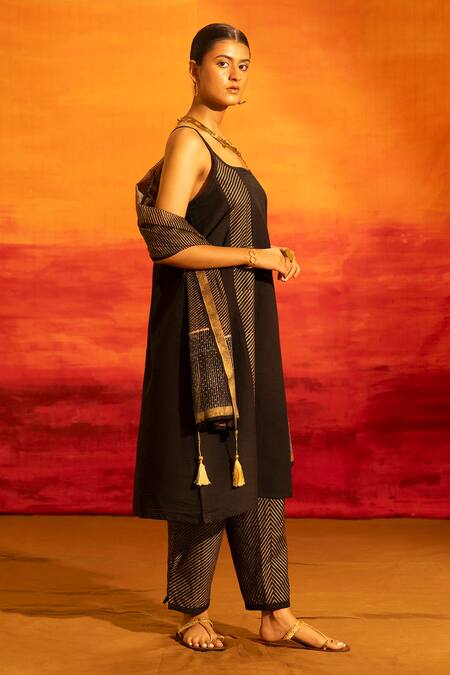 Buy_Banana Labs_Black Cotton, Kota Doria Scoop Neck Striped Tunic Pant Set _Online_at_Aza_Fashions