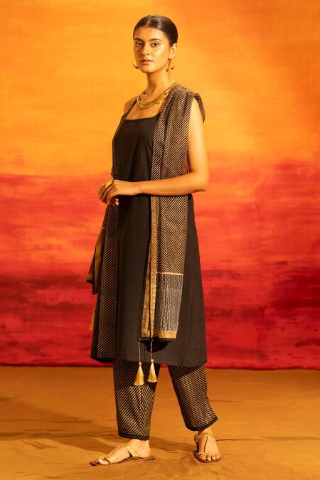 Shop_Banana Labs_Black Cotton, Kota Doria Scoop Neck Striped Tunic Pant Set _Online_at_Aza_Fashions