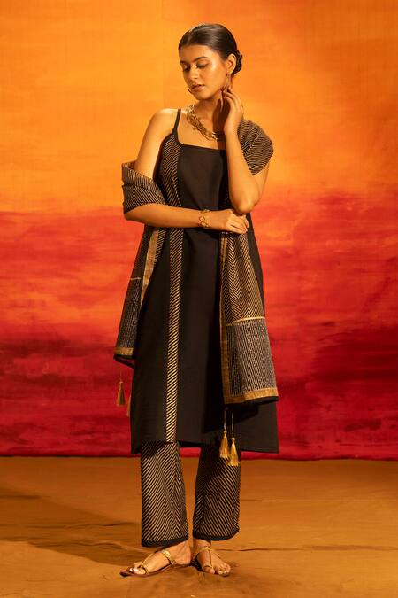 Banana Labs_Black Cotton, Kota Doria Scoop Neck Striped Tunic Pant Set _at_Aza_Fashions