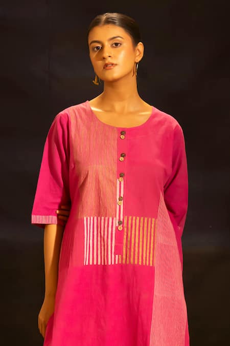Banana Labs_Fuchsia Cotton Round Neck Patchwork Straight Kurta And Palazzo Set _Online_at_Aza_Fashions