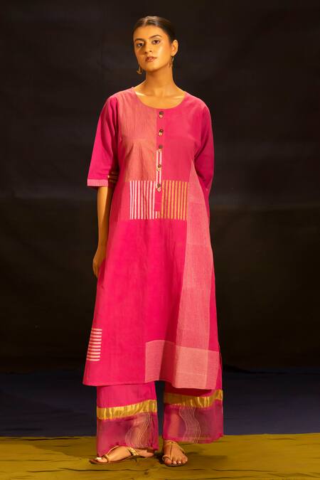 Buy_Banana Labs_Fuchsia Cotton Round Neck Patchwork Straight Kurta And Palazzo Set _Online_at_Aza_Fashions