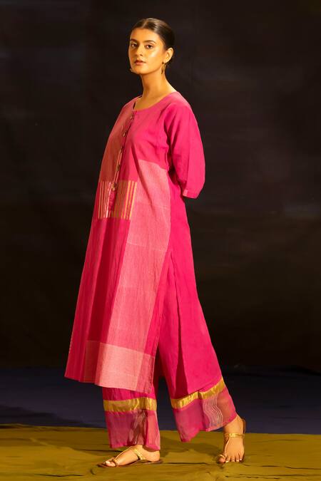 Shop_Banana Labs_Fuchsia Cotton Round Neck Patchwork Straight Kurta And Palazzo Set _Online_at_Aza_Fashions