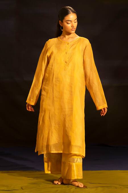 Shop_Banana Labs_Mustard Kota Doria, Cotton Tassels Mandarin Collar Woven Kurta Palazzo Set _Online_at_Aza_Fashions