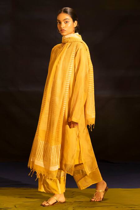 Shop_Banana Labs_Mustard Kota Doria, Cotton Tassels Mandarin Collar Woven Kurta Palazzo Set 