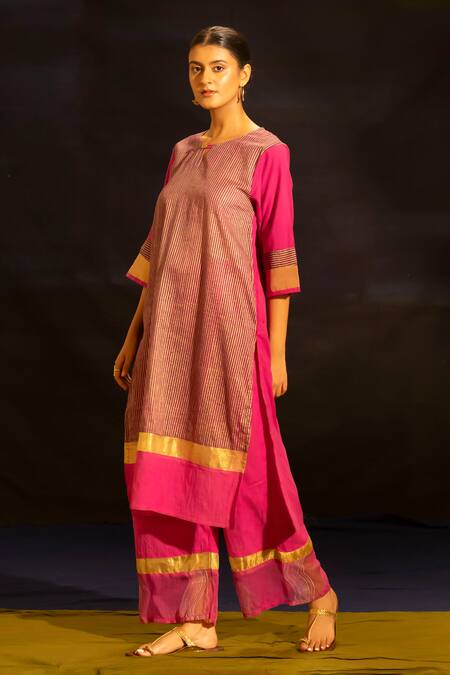 Banana Labs_Fuchsia Cotton Round , Keyhole Striped Kurta And Palazzo Set _Online_at_Aza_Fashions