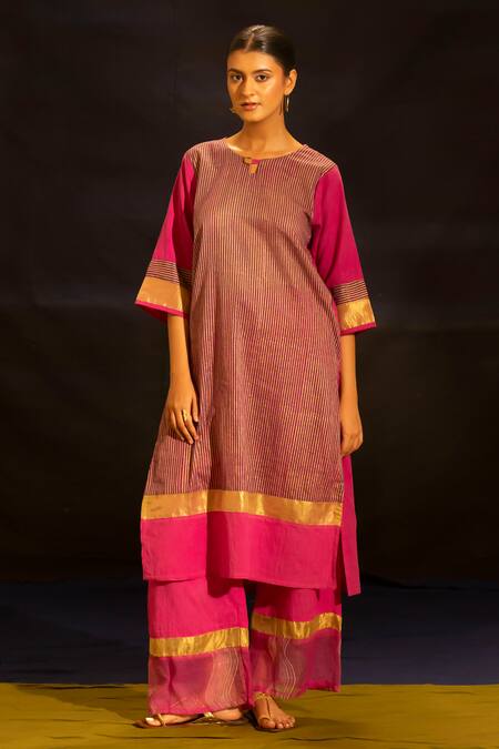 Shop_Banana Labs_Fuchsia Cotton Round , Keyhole Striped Kurta And Palazzo Set _Online_at_Aza_Fashions