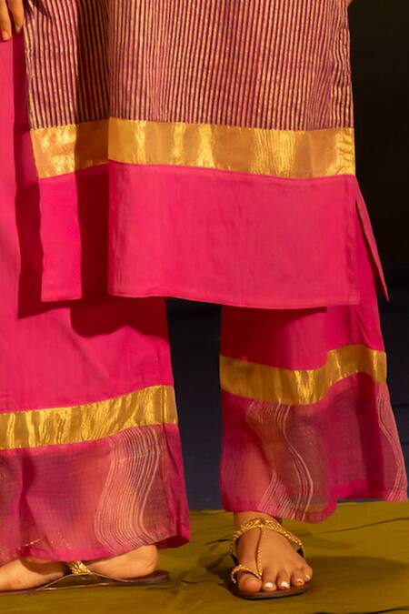 Banana Labs_Fuchsia Cotton Round , Keyhole Striped Kurta And Palazzo Set _at_Aza_Fashions