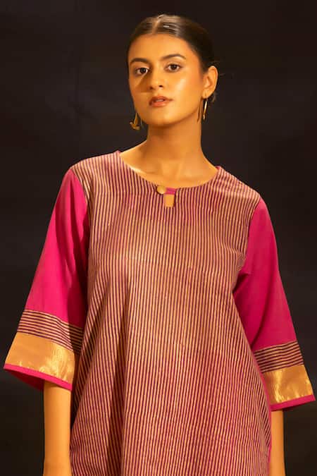 Buy_Banana Labs_Fuchsia Cotton Round , Keyhole Striped Kurta And Palazzo Set 