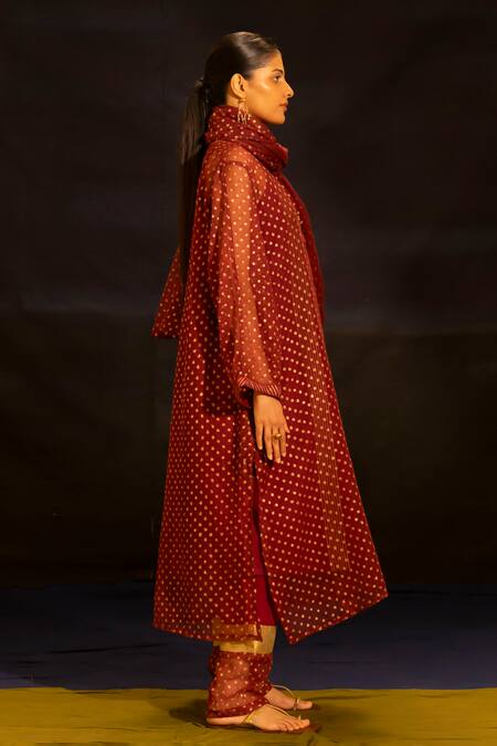 Banana Labs_Maroon Kota Doria, Cotton Mandarin Collar Polka Pattern Kurta Palazzo Set _Online_at_Aza_Fashions