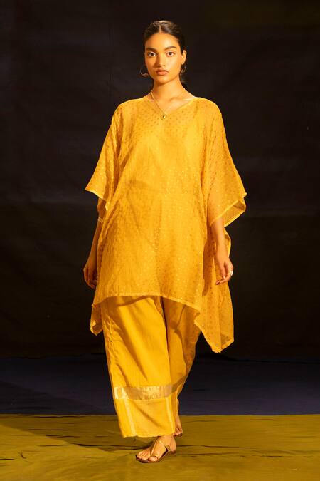 Banana Labs_Mustard Kota Doria, Cotton V-neck Kaftan Palazzo Set _Online_at_Aza_Fashions