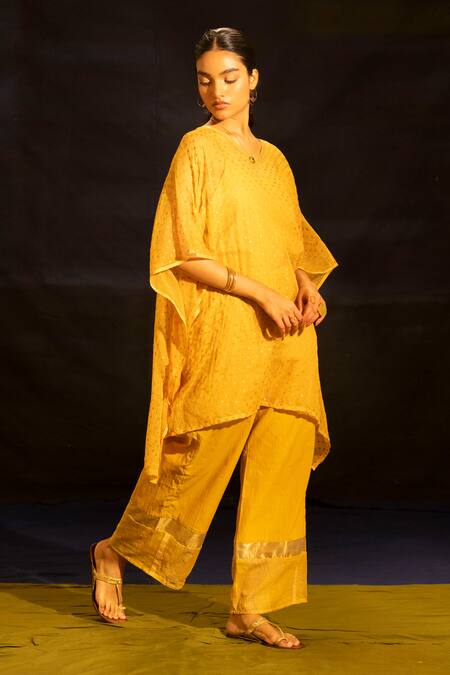Buy_Banana Labs_Mustard Kota Doria, Cotton V-neck Kaftan Palazzo Set _Online_at_Aza_Fashions