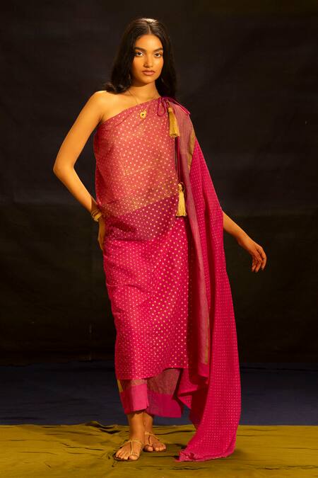 Banana Labs_Pink Cotton Foil Printing Off-shoulder Polka Dot Kaftan And Pant Set  _Online_at_Aza_Fashions