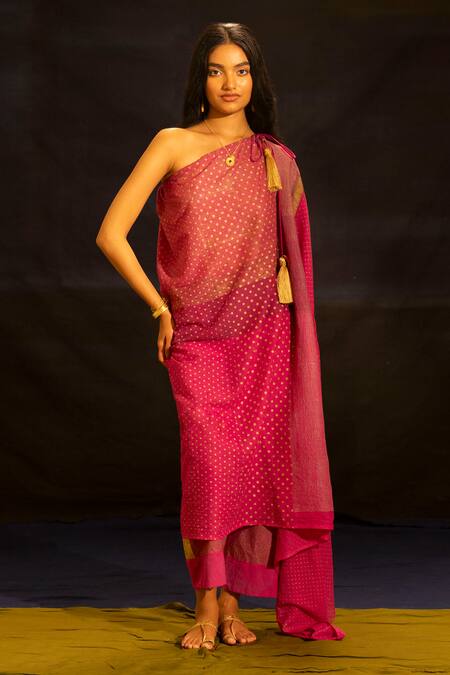 Buy_Banana Labs_Pink Cotton Foil Printing Off-shoulder Polka Dot Kaftan And Pant Set  _Online_at_Aza_Fashions