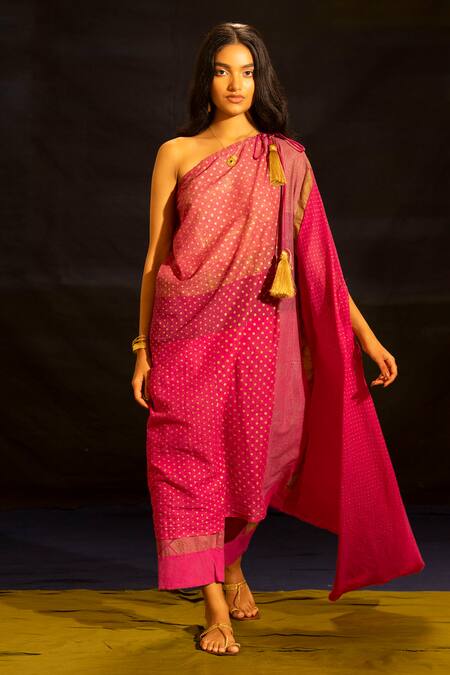 Shop_Banana Labs_Pink Cotton Foil Printing Off-shoulder Polka Dot Kaftan And Pant Set  _Online_at_Aza_Fashions