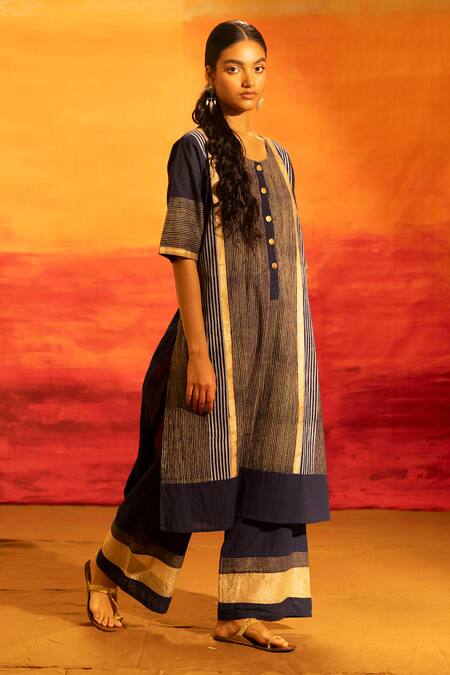 Banana Labs_Navy Cotton Round Neck Striped Kurta And Palazzo Set _Online_at_Aza_Fashions