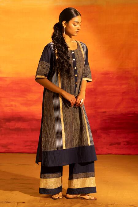 Buy_Banana Labs_Navy Cotton Round Neck Striped Kurta And Palazzo Set _Online_at_Aza_Fashions