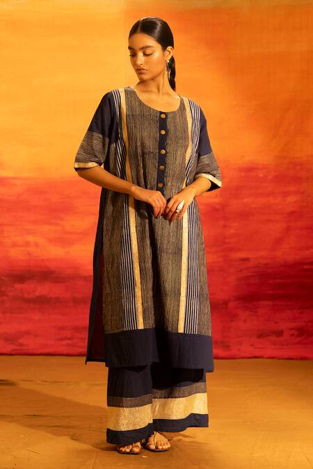 Shop_Banana Labs_Navy Cotton Round Neck Striped Kurta And Palazzo Set _Online_at_Aza_Fashions