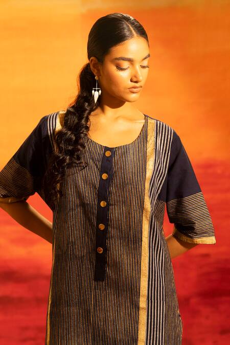 Banana Labs_Navy Cotton Round Neck Striped Kurta And Palazzo Set _at_Aza_Fashions