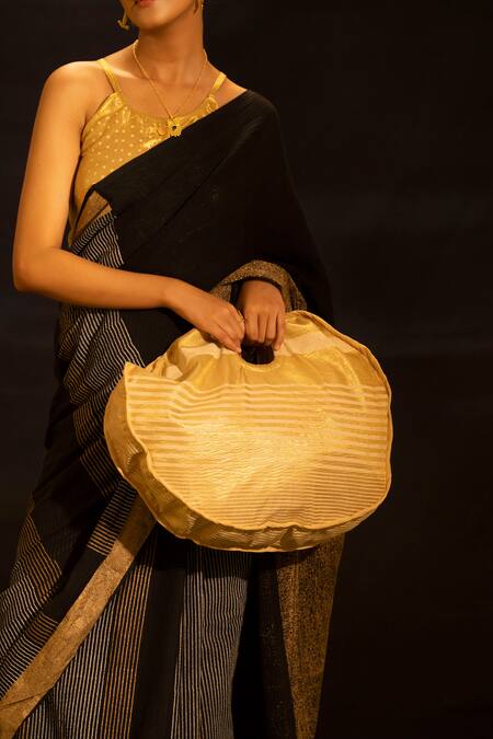 Shop_Banana Labs_Black Cotton, Crinkle Zari Striped Pattern Saree _Online_at_Aza_Fashions