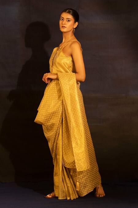 Banana Labs_Gold Tassels Zari Polka Dot Saree _Online_at_Aza_Fashions