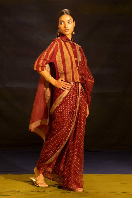 Shop_Banana Labs_Maroon Kota Doria Zari Polka Dot Saree _Online_at_Aza_Fashions