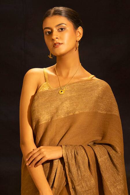 Banana Labs_Brown Cotton, Crinkle And Striped Saree _Online_at_Aza_Fashions