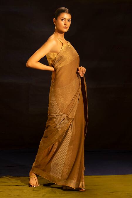 Buy_Banana Labs_Brown Cotton, Crinkle And Striped Saree _Online_at_Aza_Fashions