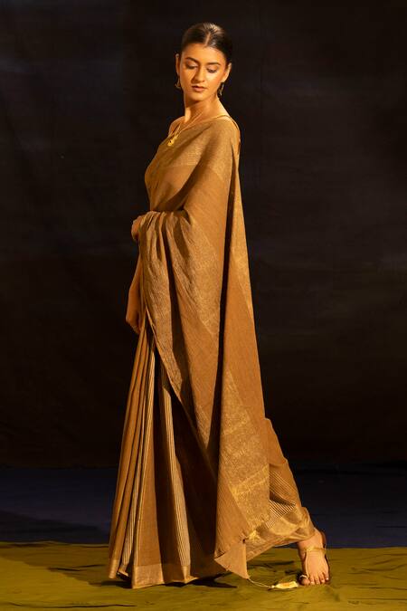 Shop_Banana Labs_Brown Cotton, Crinkle And Striped Saree _Online_at_Aza_Fashions
