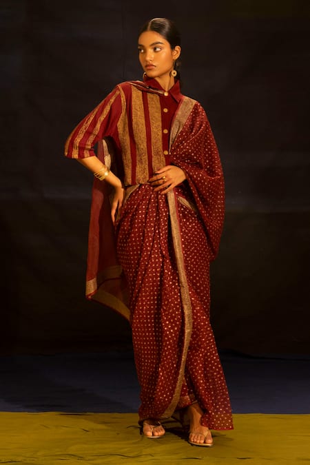 Banana Labs Striped Blouse & Dotted Saree Set 